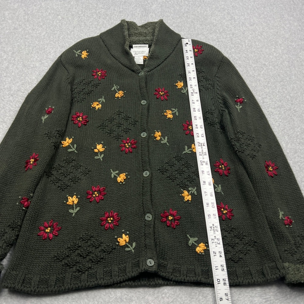 Christopher & Banks Sweater Women's Large Green Floral Hand Embroidered Cardigan - Picture 7 of 11